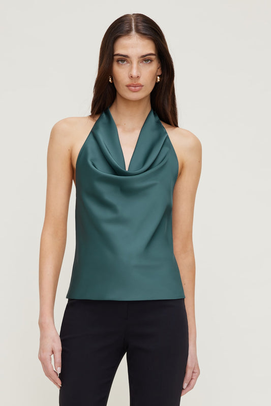 Dynamite Camila Satin Cowl Halter Neck Blouse Green