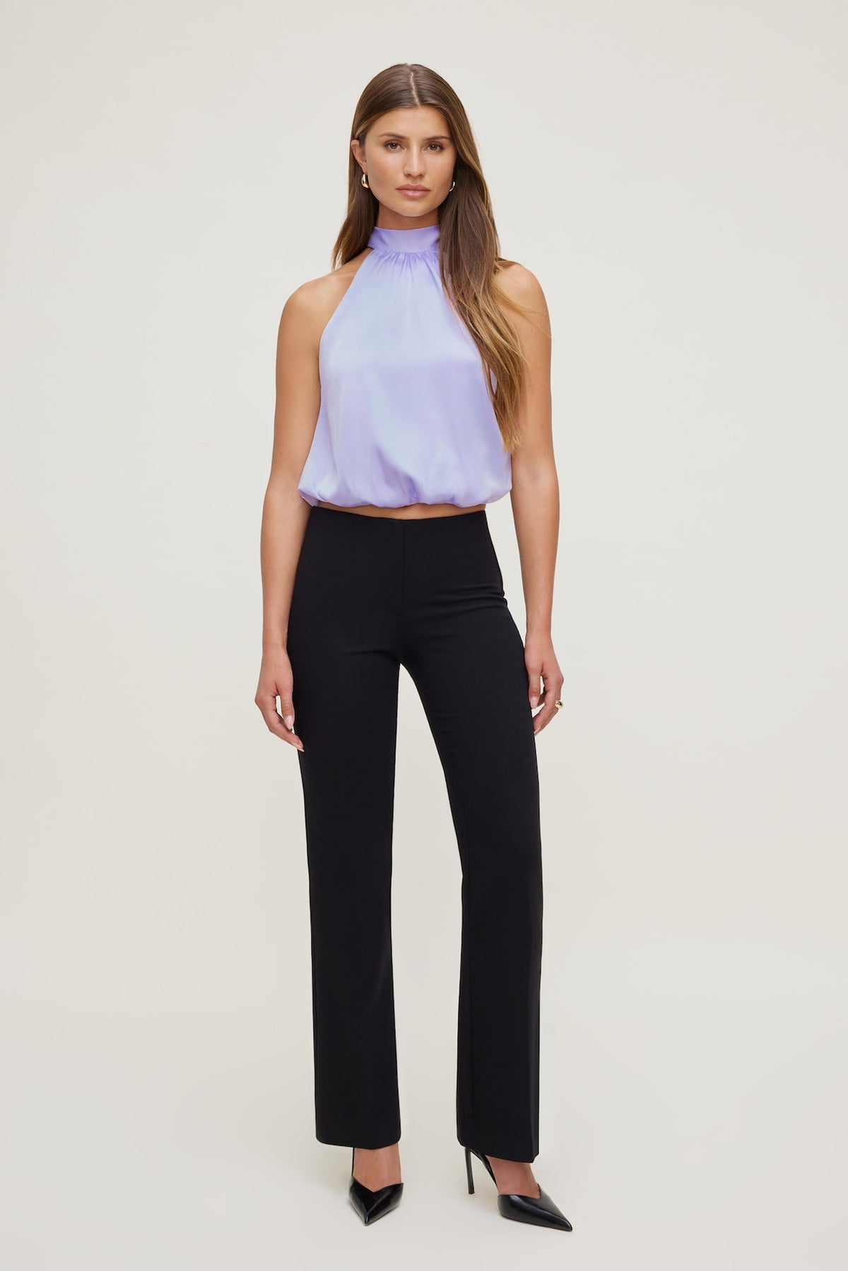 Dynamite Paloma Bubble Satin Halter Blouse Purple