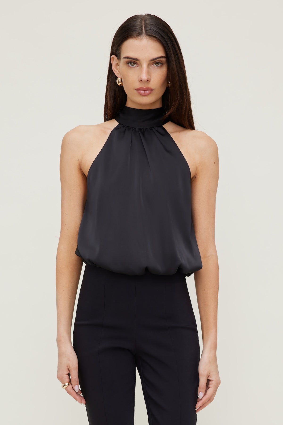 Dynamite Paloma Bubble Satin Halter Blouse Black