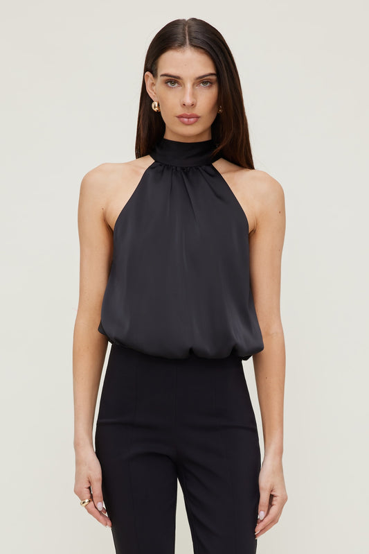 Dynamite Paloma Bubble Satin Halter Blouse Black