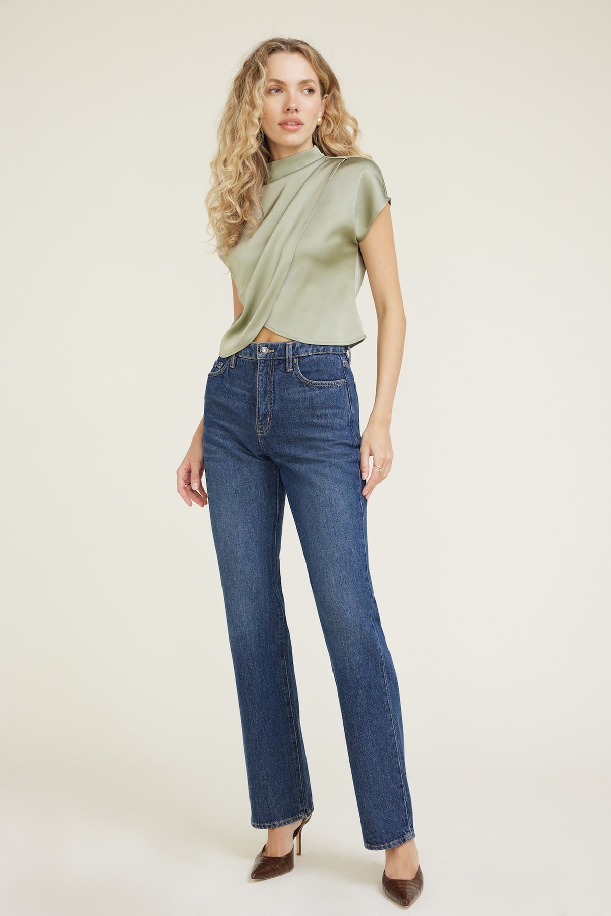 Dynamite Ella Layered Satin Blouse Green