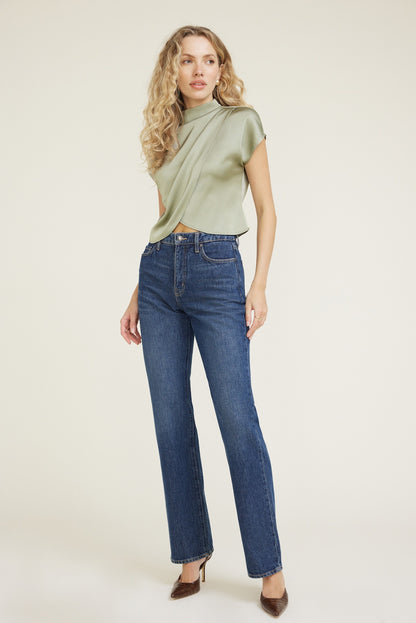 Dynamite Ella Layered Satin Blouse Green