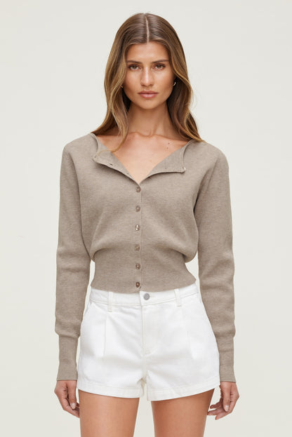 Dynamite Sara Ribbed Cinch Hem Cardigan Beige