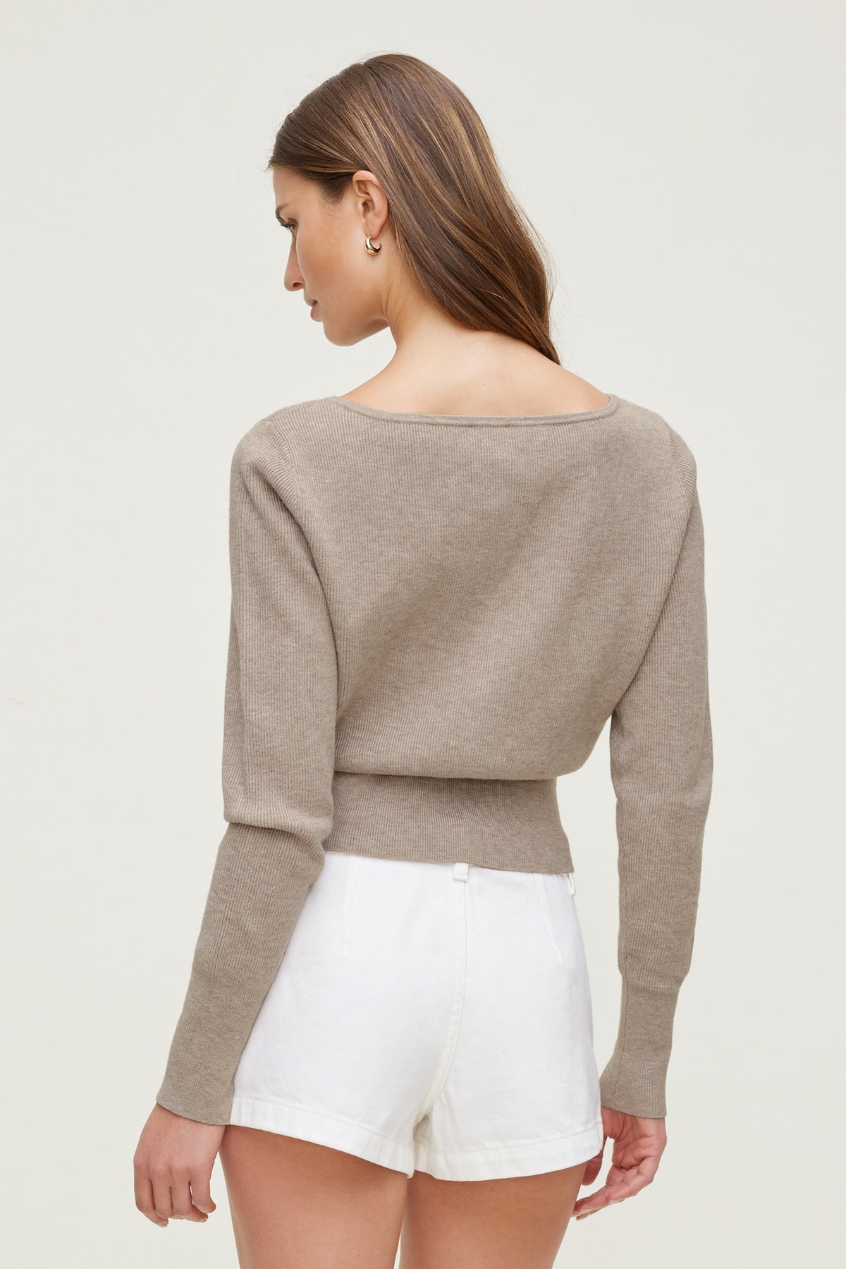 Dynamite Sara Ribbed Cinch Hem Cardigan Beige