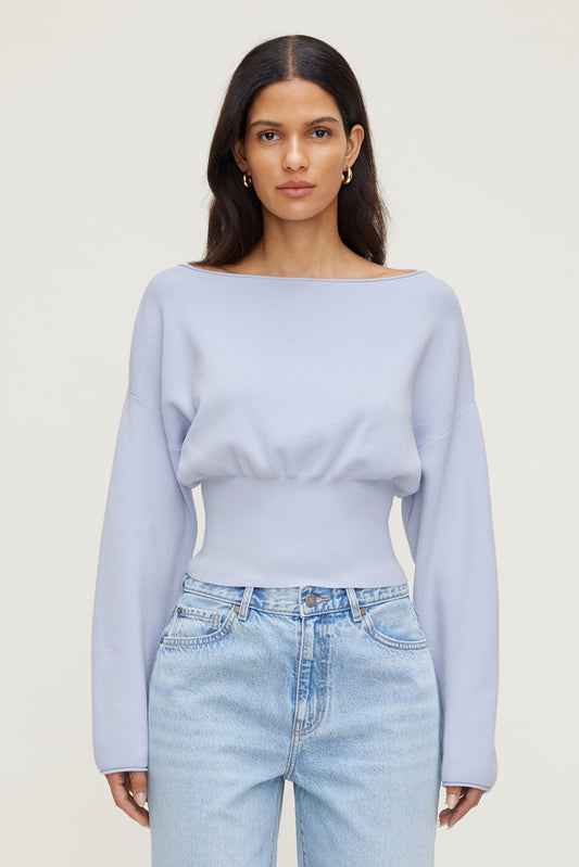Dynamite Cinched Boat Neck Sweater Blue
