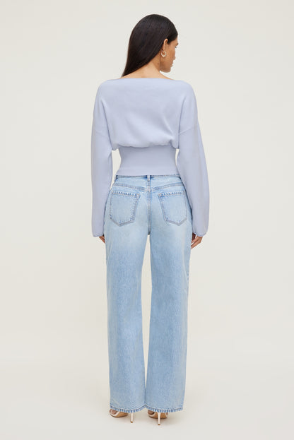 Dynamite Cinched Boat Neck Sweater Blue
