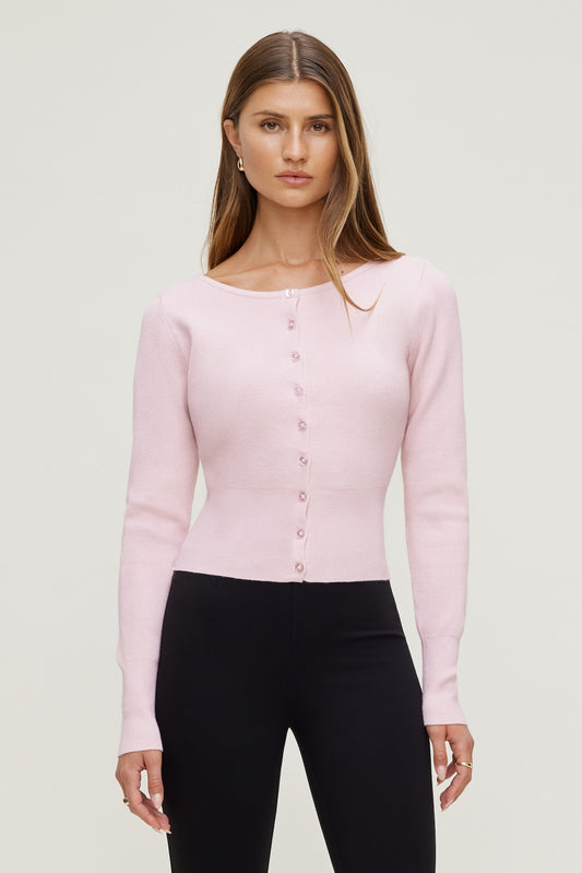 Dynamite Sara Ribbed Cinch Hem Cardigan Pink