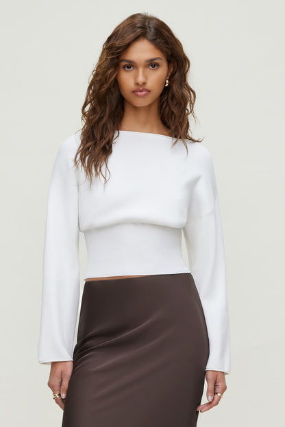 Dynamite Cinched Boat Neck Sweater White