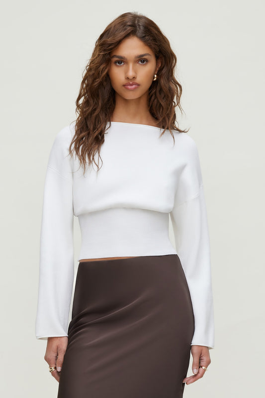 Dynamite Cinched Boat Neck Sweater White