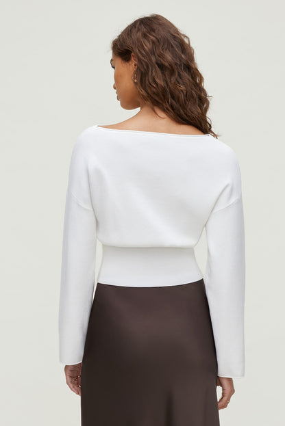 Dynamite Cinched Boat Neck Sweater White