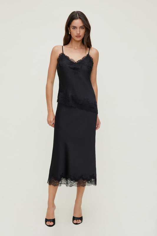 Dynamite Lace Satin Midi Skirt Black