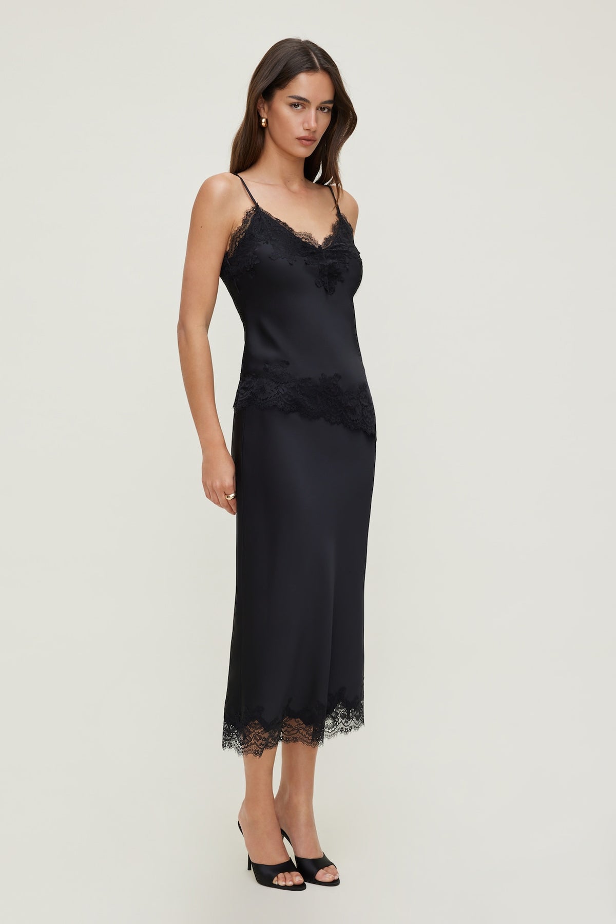 Dynamite Lace Satin Midi Skirt Black