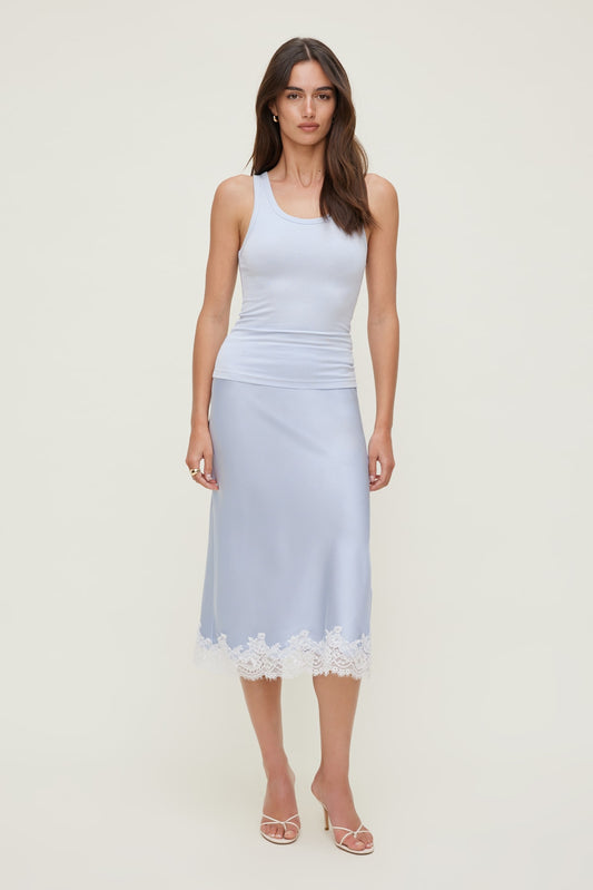 Dynamite Lace Satin Midi Skirt Blue